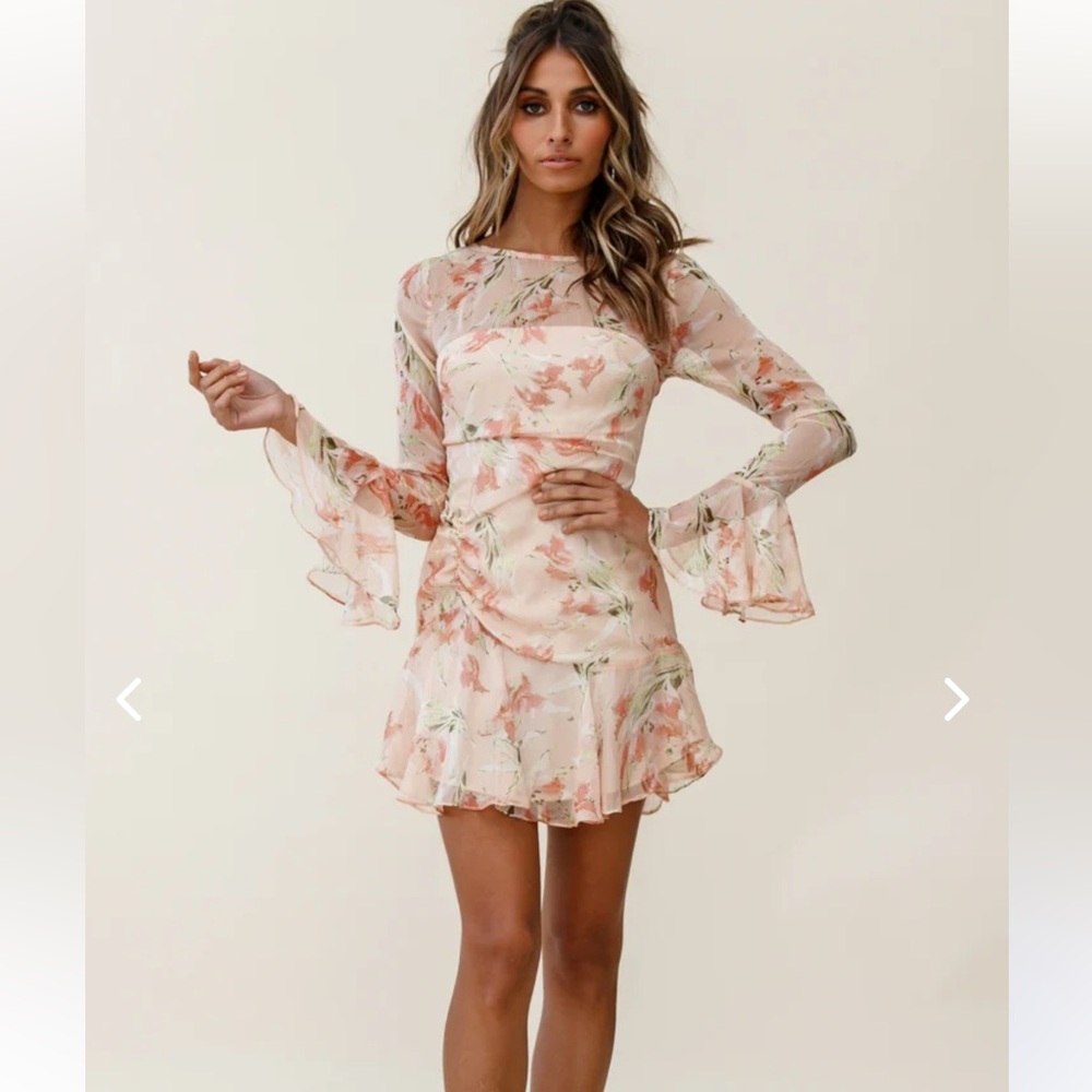 ADALIA LONG SLEEVE FLARED CUFF DRESS FLOWER PRINT NUDE -size S